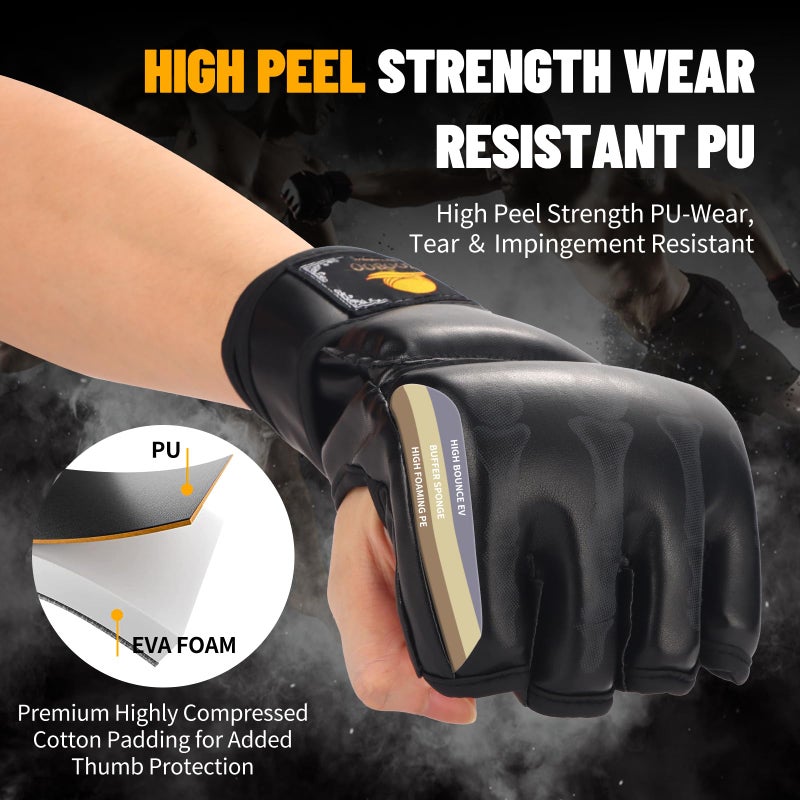 ZooBoo MMA Gloves, Half-Finger Boxing Fight Gloves MMA Mitts with Adjustable Wrist Band UFC Gloves for Sanda Sparring Punching Bag Training (One Size Fits Most) - Image 3